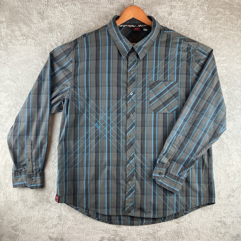 Tony Hawk Shirt Mens Size XXL Long Sleeve Button Up‎ Gray Black Blue Stripe